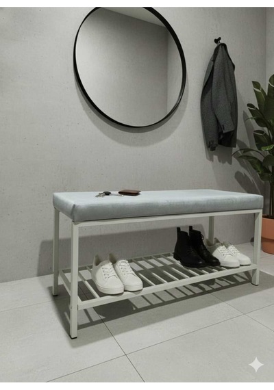Özcan Metal Beyaz Metal Ayaklı Raflı Bench Puf Bank Antre Mutfak Salon Yatak Odası Puf Bank 105 40 Gümüş