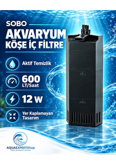 Sobo Akvaryum Köşe İç Filtre - Aktif Temizlik - 600 Lt/saat - 12w - Yer Kaplamayan Tasarım - Siyah