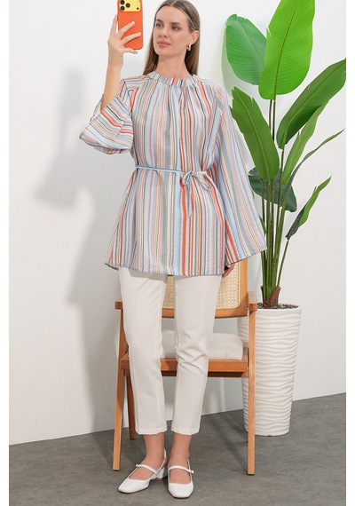 Bigdart Kadın Çizgili Bağcıklı Oversize Tunik 50009 - Mavi