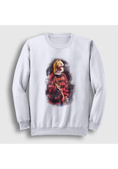 Presmono Unisex Watercolor Nirvana Kurt Cobain Sweatshirt Beyaz