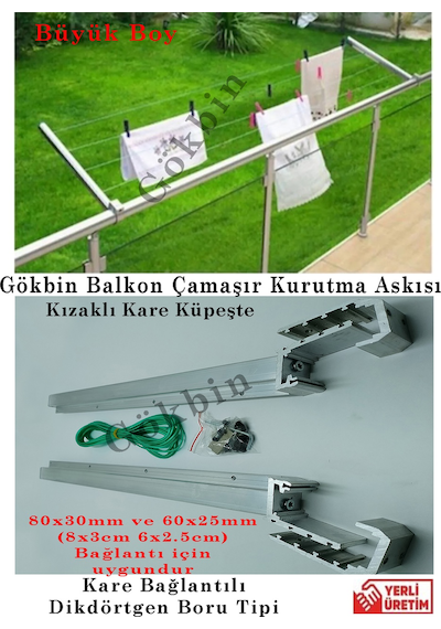 Gökbin Çamaşır Kurutma Askılığı Alüminyum Kare Küpeşte Çamaşırlık Gri - Gümüş