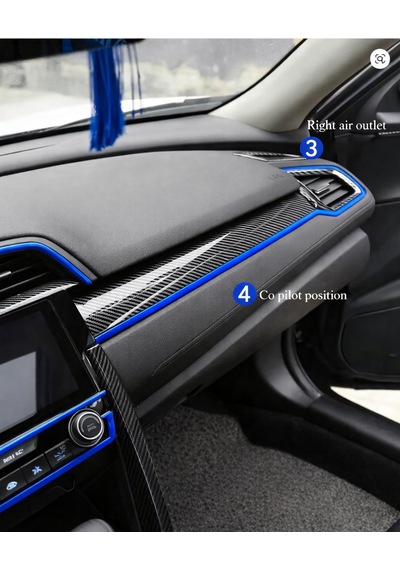 Honda Civic 2016-2021 İçin 10. Nesil Panel Karbon Kaplama 11 Parça Mavi Detaylar