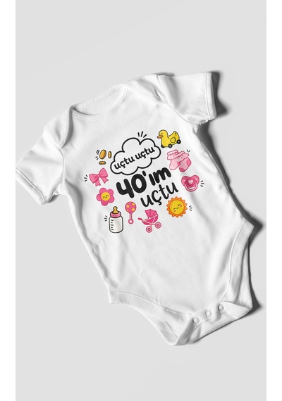 Morivokids Uçtu Uçtu 40'ım Uçtu Kısa Kollu Bebek Body %100 Pamuk Beyaz