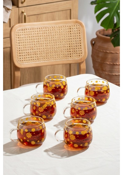 Porsima 2089-1 6lı Borosilikat Isıya Ateşe Dayanıklı Cam Kulplu Çay Bardağı Kahve Bardak Kupa 400 ML