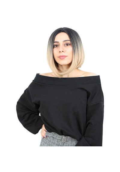 Kahkülsüz Düz Kısa Fiber Sentetik Peruk / Siyah / Balköpüğü Ombreli - Elm-01-462233 Renkli