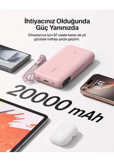 Belkin Boostcharge Power Bank 20000 Mah Display, Pd 20w Usb-c Kablolu, Pembe