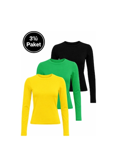 Rich Kadın Siyah-sarı-yeşil 3'lü Paket Bisiklet Yaka Esnek Kumaşlı Vücuda Oturan Slim Fit Uzun Kollu Crop Body Sarı