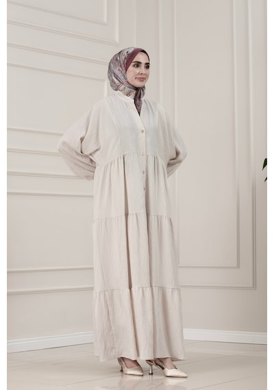 Sevitli Lilyum Kumaş Robalı Katya Elbise-bej-5816
