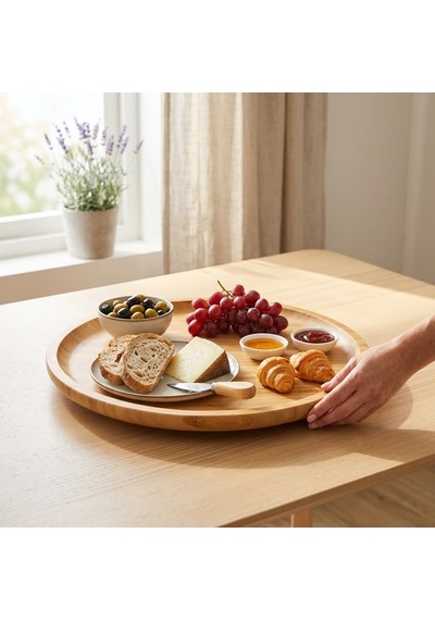 Bambu Dönerli Yuvarlak Sunum Tabağı 30 X 30 X 3,1 Cm, 360 Derece Dönen Servis Tepsisi, Kahvaltı, Peynir, Meyve Ve Atıştırmalık Sunumu İçin Çok Renkli