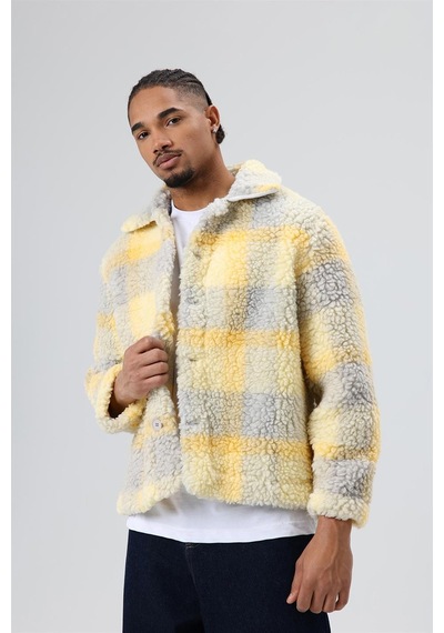 Vamos Oversize Peluş Ekose Ceket Sarı