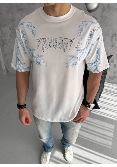 Barlashive Erkek Bisiklet Yaka Yıldırım Baskılı Kısa Kol T-shirt - Beyaz Çok Renkli