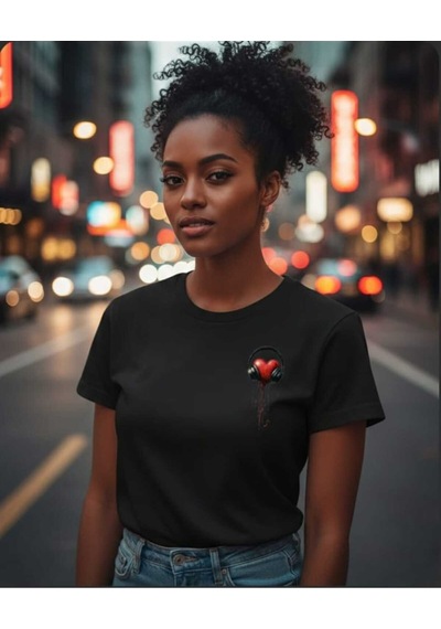 Kalp Kulaklık Baskılı Sevgililer Günü Pamuklu Kadın T-shirt Siyah