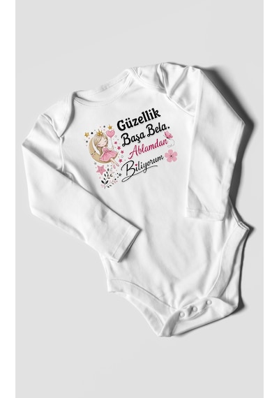 Morivokids Güzellik Başa Bela Ablamdan Biliyorum Uzun Kollu Bebek Body %100 Pamuk Beyaz