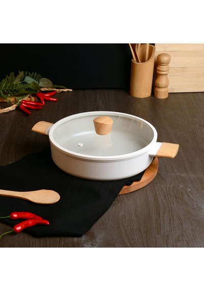 Belarıva 28 Cm Beyaz Ahsap Saplı Basık Tencere Beyaz
