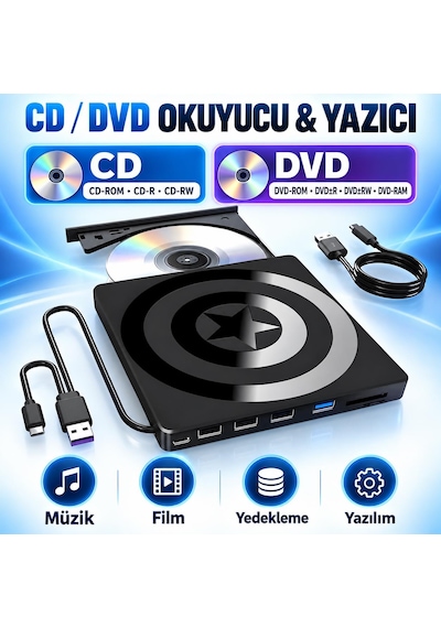 Valkyrie Harici Cd Dvd Okuyucu Yazıcı Usb 3.0 Type-c Hub Sd Tf Kart Okuyucu 4 Usb Portlu İnce Taşınabilir
