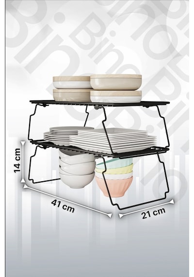 Bino Dolap İçi Düzenleyici 2 Adet Mutfak Rafı Tabak Bardak Rafı Mat Siyah Paslanmaz Metal Organizer Siyah