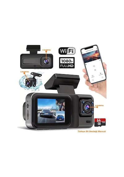 Üç Kameralı Ön Iç Arka Araç Içi Kamera Wifi Viidure App Mpıa Cc38 64gb