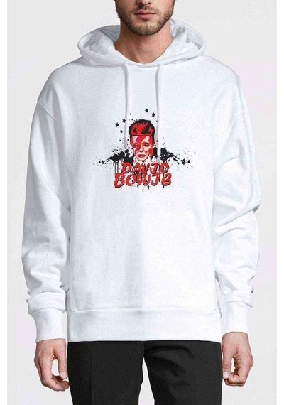 David Bowie Baskılı Beyaz Erkek Örme Kapşonlu Sweatshirt
