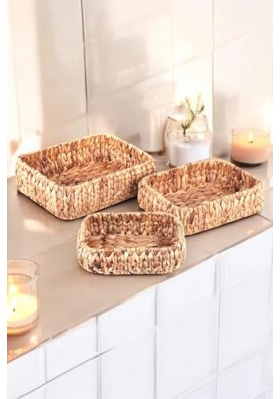 Doğal El Yapımı, Kare Bombeli Düzenleyici 3'lü Hasır Sepet - 32cm-28cm-24cm 3 Boy Set Diğer