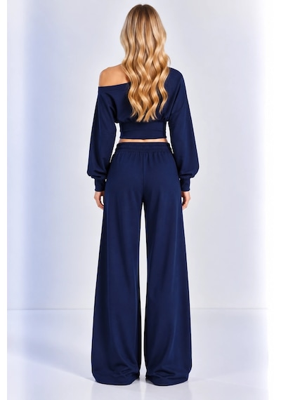 Mevese Kayık Yaka Korseli Crop Bluz - Cep Detaylı Palazzo Modal Takım - Lacivert Mevese Kayık Yaka Korseli Crop Bluz - Cep Detaylı Palazzo Modal Takım - Lacivert