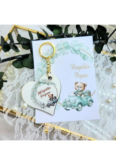 Ahşap Kalp Anahtarlık Uv Baskılı Kart Üzeri Bebek Sünnet 20 Adet