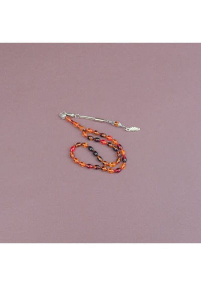 Ateş Kehribar Beyzi Kesim Bilek Boy 5x8mm Tesbih Alpaka Püsküllü Sarı Kırmızı