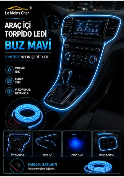 Byd Seal U Design Araç İçi Torpido Ledi Buz Mavi 2 Metre Neon Ip Şerit Led