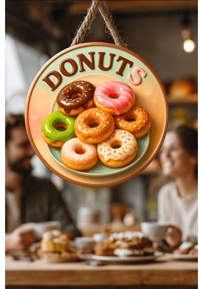 Donut Temalı İpli Ahşap Kapı Duvar Süsü, Pastane, Tatlı Dükkanı, Cafe Tablo Dekoru