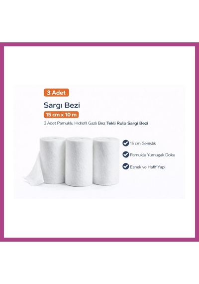 Gees Global Sargı Bezi 15 Cm X 10 M 3 Adet Pamuklu Hidrofil Gazlı Bez Rulo Sargı Bezi Seti Gbzs
