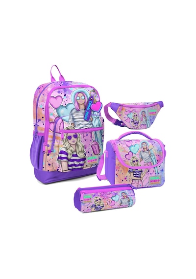 Coral High Kız Çocuk Pembe Mor Fashion Girl Desenli İlkokul Okul Çanta Seti Ve Bel Çantası