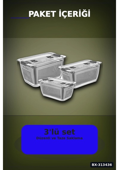 Bölmeli Süzgeçli 3 Parça Buzdolabı Organizer Seti 2.5-5-9 Litre Kilitli Kapak Bx-313436 Diğer