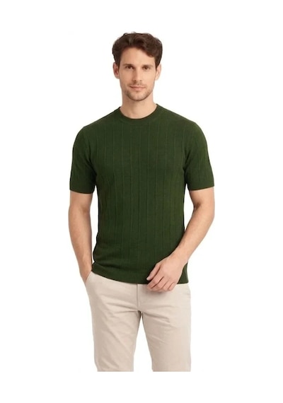 Vexor Erkek Yazlık Fitilli Triko Tişört Kısa Kol Bisiklet Yaka T-shirt - Haki
