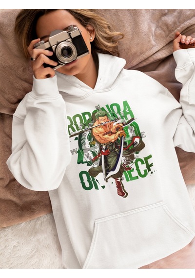 Sevbano Roronoa Zoro Baskılı Unisex Oversize One Piece Anime Hoodie beyaz