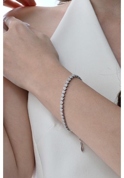 Gümüş Rodyumlu Zirkon Taşlı Modern Görünümlü Kayan Yıldızlar Bileklik Barcode Gümüş