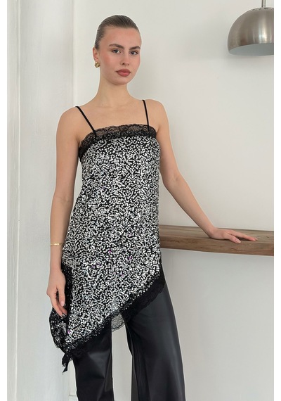 Verymoda Dantel Detaylı Askılı Pullu Asimetrik Tunik - D2934 Gümüş