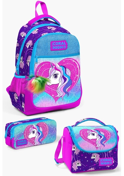 Coral High Kids Mor Pembe Unicorn Desenli 3 Lü Okul Çanta Seti Set0123492