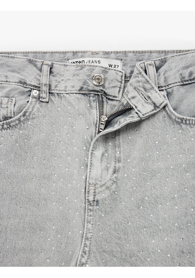 Koton Taş Detaylı Yıkamalı Normal Bel Pamuklu Geniş Paça Denim Pantolon - Wide Leg Jeans Gri 7wal40129md