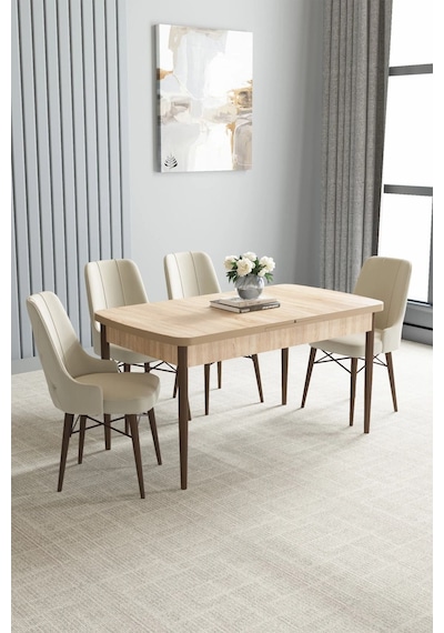 Zümra Serisi, Meşe Desen 80x132 Açılabilir Mdf Mutfak Masası Takımı 4 Adet Sandalye Krem