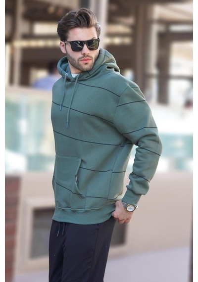 Madmext Haki Kapüşonlu Cep Detaylı Çizgili Erkek Sweatshirt 7063 Haki