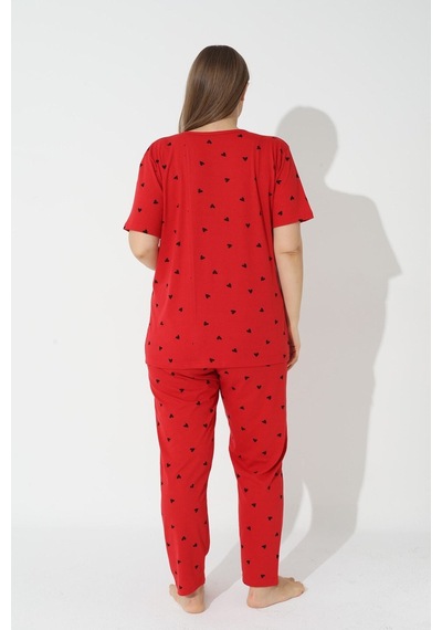 Siyah İnci Büyük Beden Battal Örme Pijama Takım 7614 Kırmızı