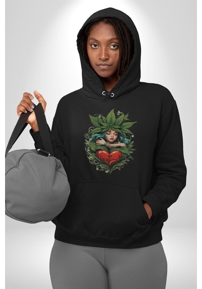 Kalp Parmak Kız Yeşillik Mutluluk Kadın Erkek Siyah Kapüşonlu Sweatshirt Hoodie Siyah