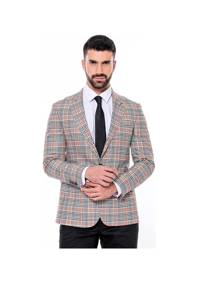 Wessi Ekose Desenli Slim Fit Turuncu Siyah Erkek Ceket - Wessi Turuncu