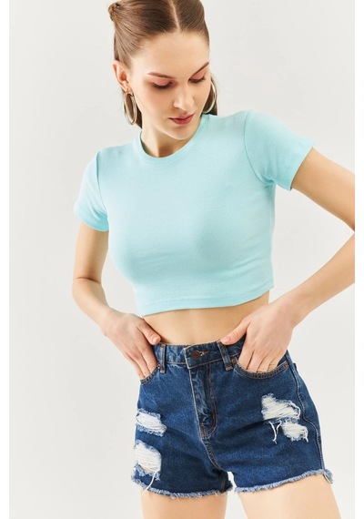 Butikgiz Kadın Kısa Kol Bisiklet Yaka Vücuda Oturan %100 Pamuklu Kaşkorse Esnek Crop Bluz Aqua