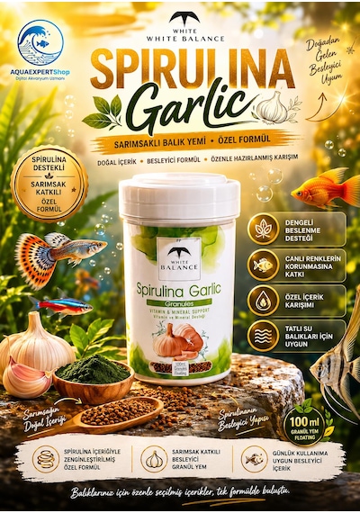 White Balance Spirulina Garlic Granül Balık Yemi - Sarımsak Ve Spirulina İçerikli Özel Formül - Premium Balık Yemi - 100 Ml