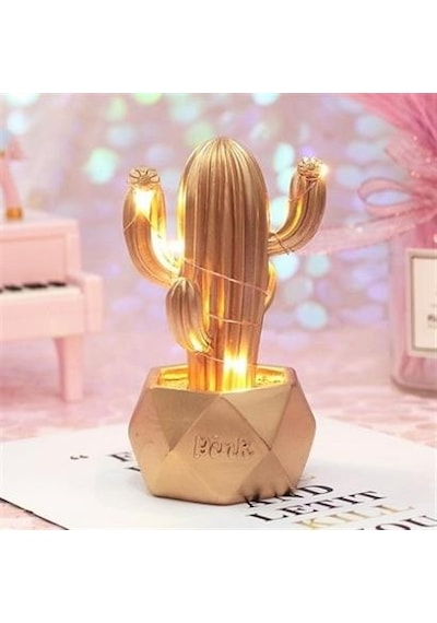 Led Işıklı Sevimli Kaktüs Dekoratif Masa Lambası Mini Biblo Gece Lambası-gold Çok Renkli