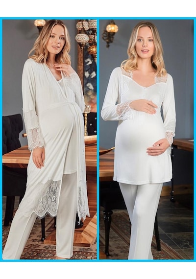 Bone Club 5109  ECRU Fantazi Dantelli Hamile Lohusa3 Lü Pijama Sabahlık Tk