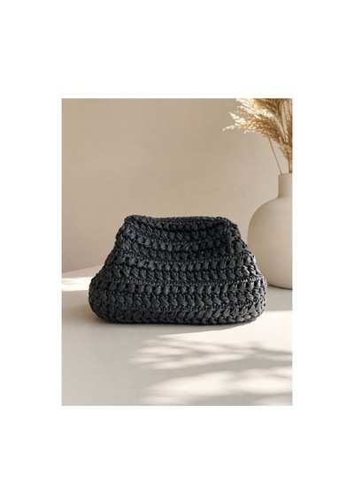 Siyah Hasır Çanta El Örgüsü Clutch Kadın El Çantası El Yapımı 20x30 Cm