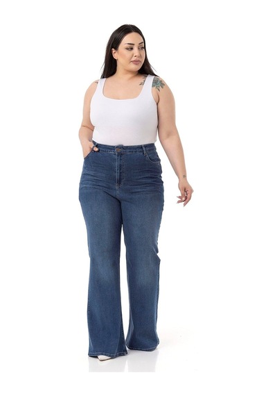 Disentis Büyük Beden Önü Kraşlı Yüksek Bel İspanyol Paça Mavi Denim Pantolon-mavi Mavi