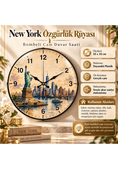 Almira Duvar Saati New York Özgürlük Rüyası Bombeli Cam Duvar Saati 35 Cm Siyah