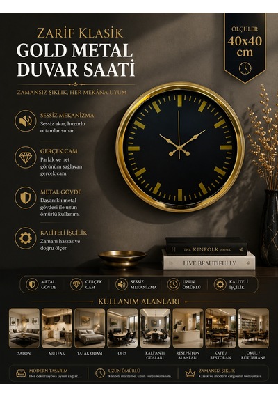 Zarif Klasik Stil 40 Cm Metal Gold Duvar Saati